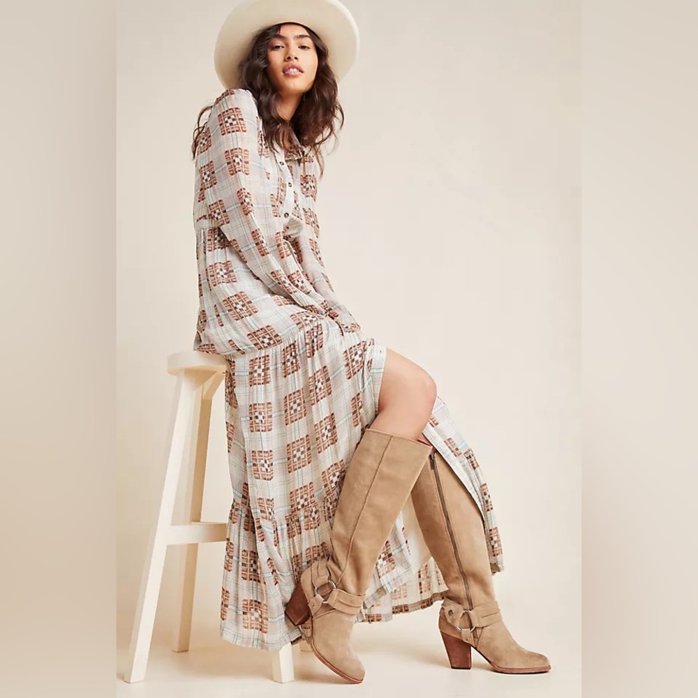Anthropologie Elizabeth Brown and Cream Long Maxi Sleeve Dress ⭐️ STUNNING!